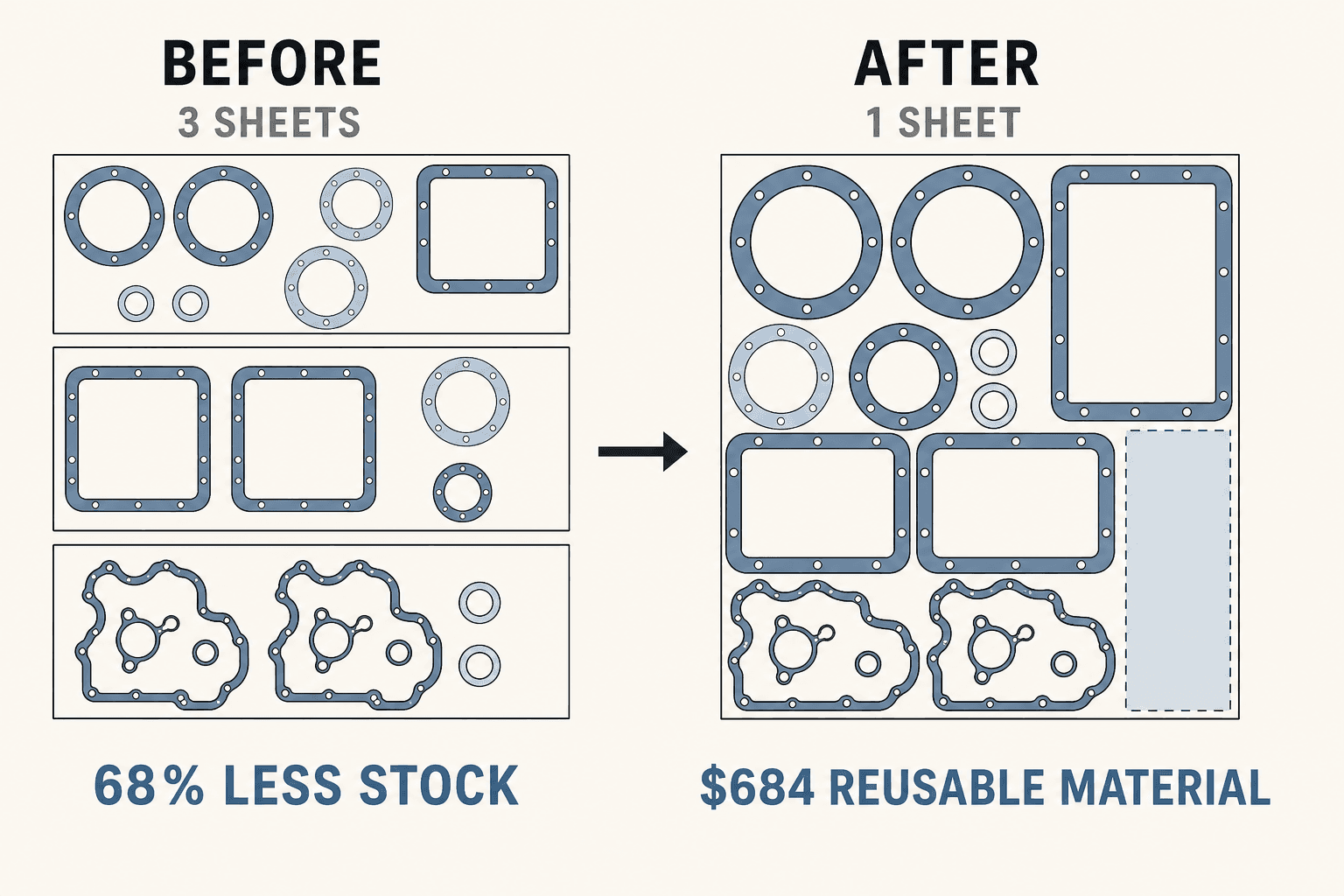 Before and after comparison showing the same gasket parts reduced from three stock sheets to one optimized sheet with reusable material preserved